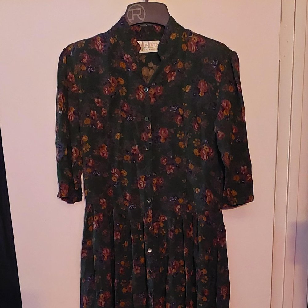 1990's Maxi dress by Passport, size M, olive green and floral